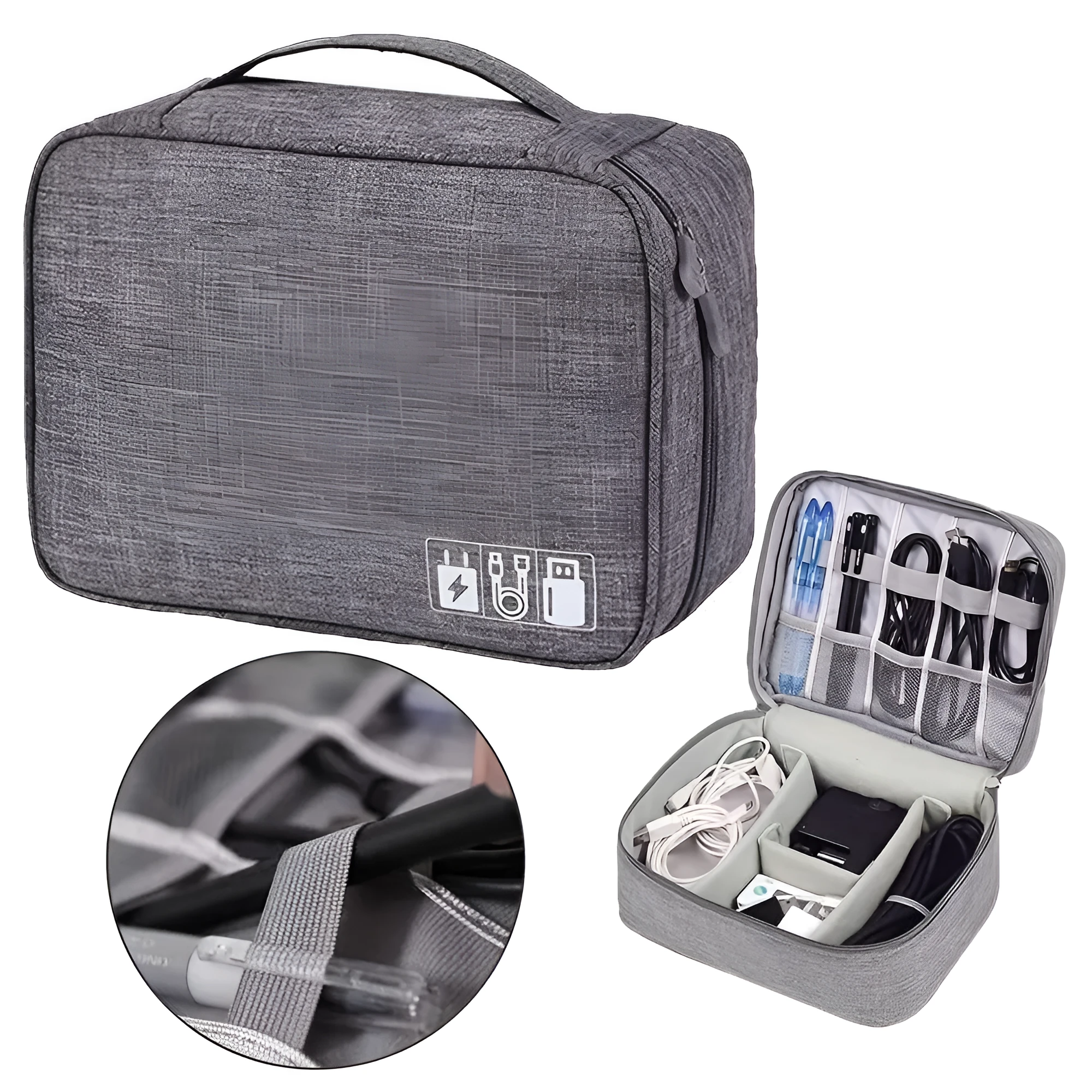 Black waterproof electronics organiser bag open, showing mesh pockets, elastic loops, and removable padded dividers inside.