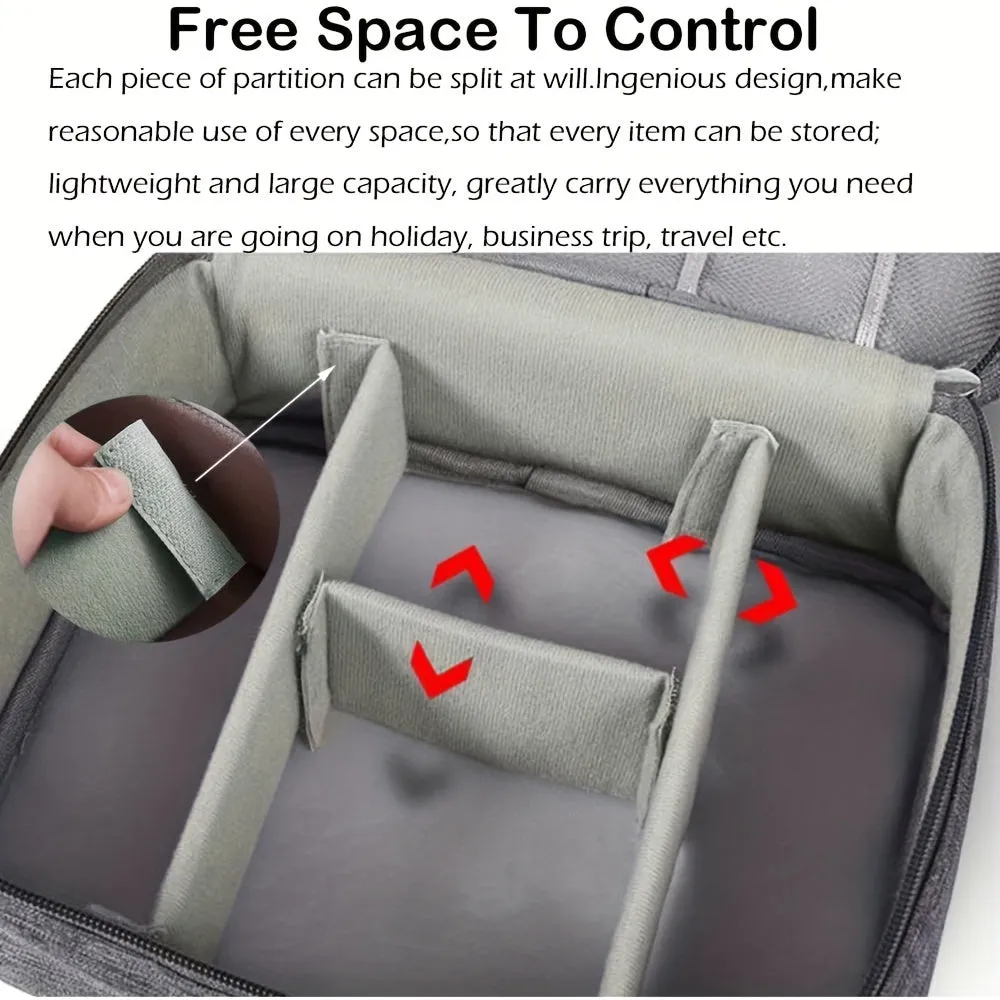 Black waterproof electronics organiser bag open, showing mesh pockets, elastic loops, and removable padded dividers inside.