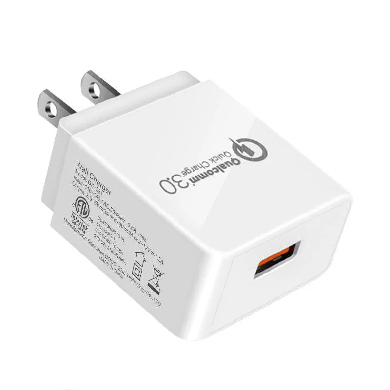 QC3.0 fast charger in bright black with two USB ports, PC fireproof material casing