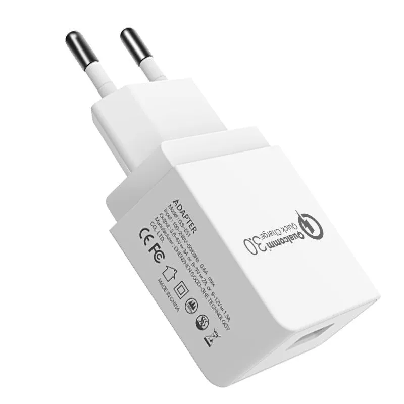 QC3.0 fast charger in bright black with two USB ports, PC fireproof material casing