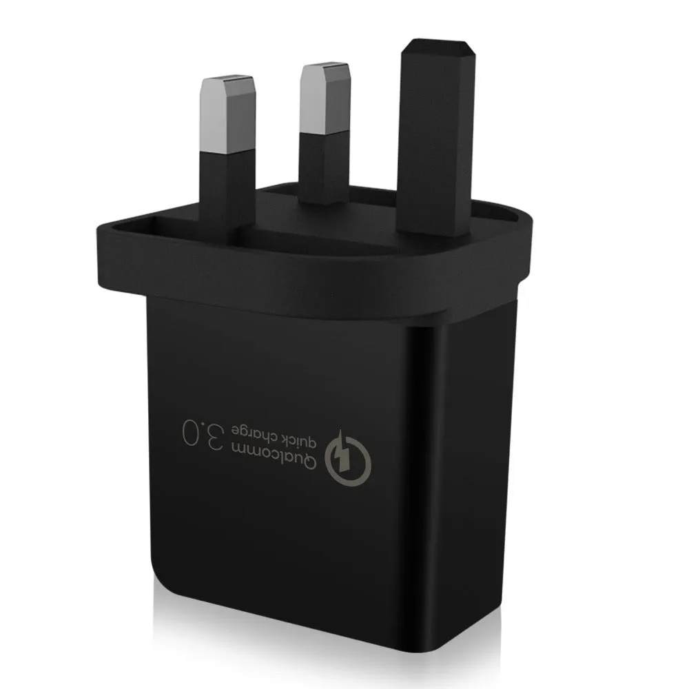 QC3.0 fast charger in bright black with two USB ports, PC fireproof material casing