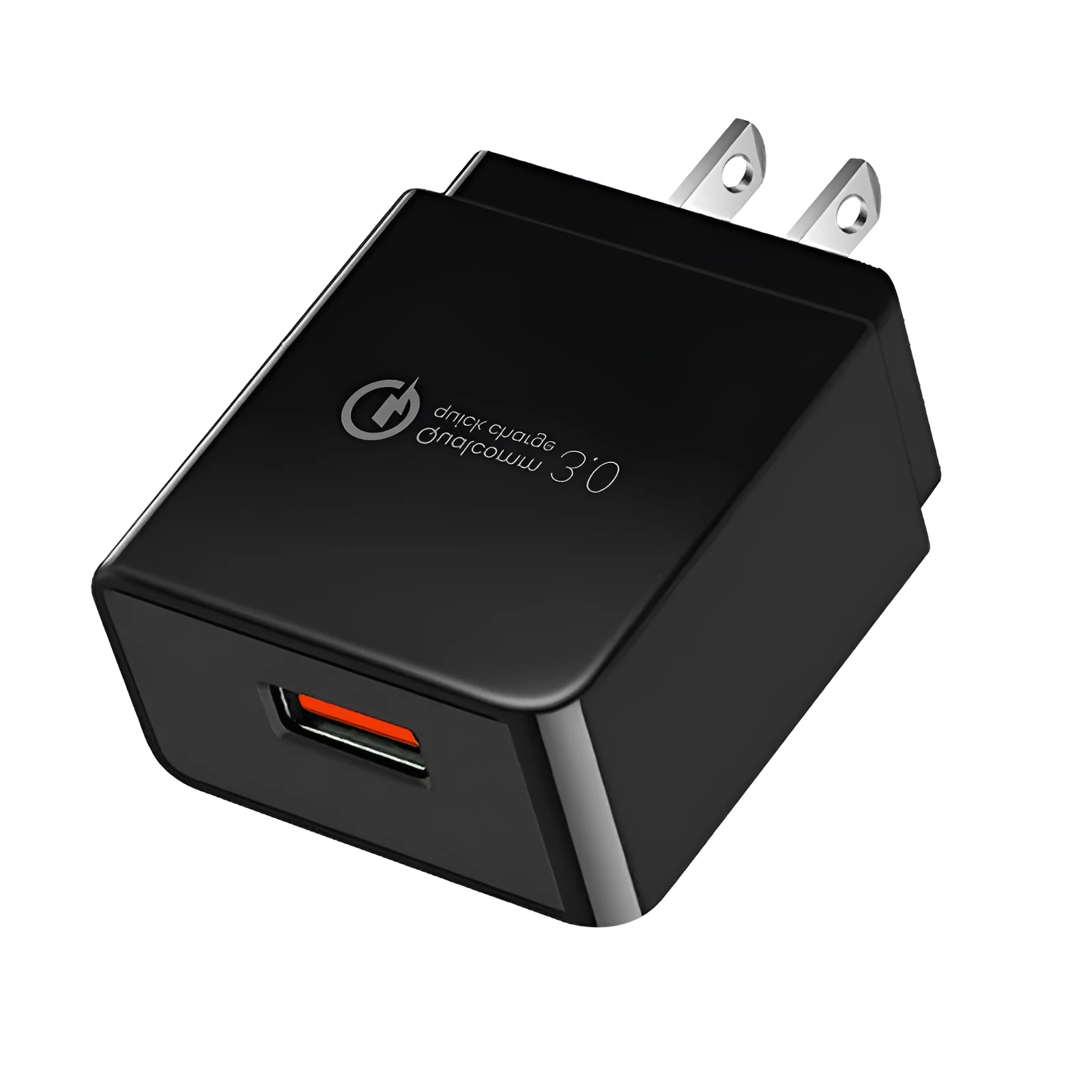QC3.0 fast charger in bright black with two USB ports, PC fireproof material casing