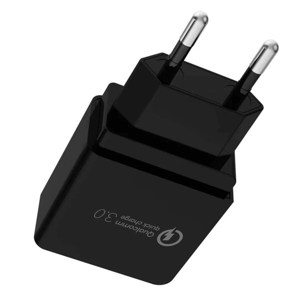 QC3.0 fast charger in bright black with two USB ports, PC fireproof material casing