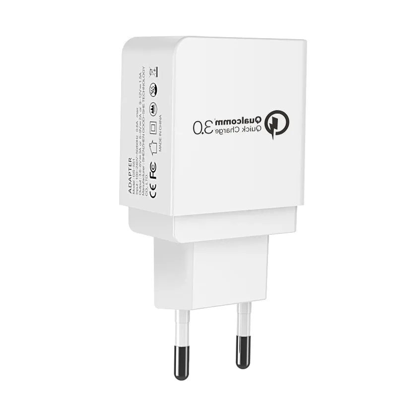 QC3.0 fast charger in bright black with two USB ports, PC fireproof material casing