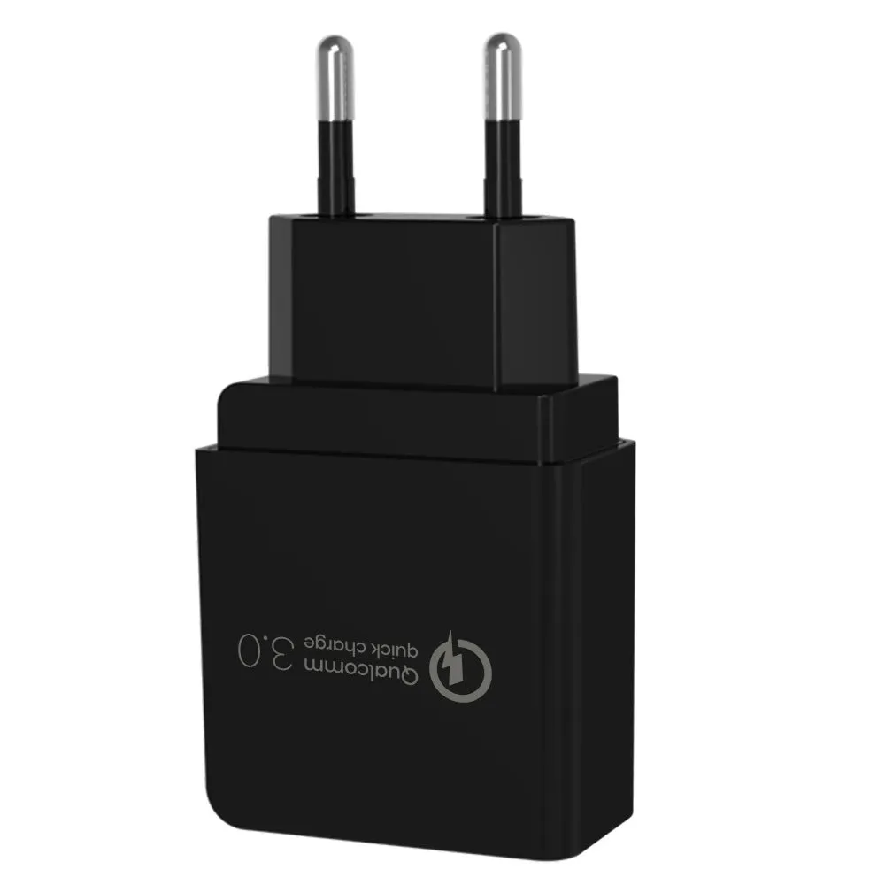 QC3.0 fast charger in bright black with two USB ports, PC fireproof material casing