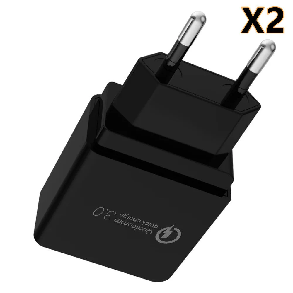 QC3.0 fast charger in bright black with two USB ports, PC fireproof material casing