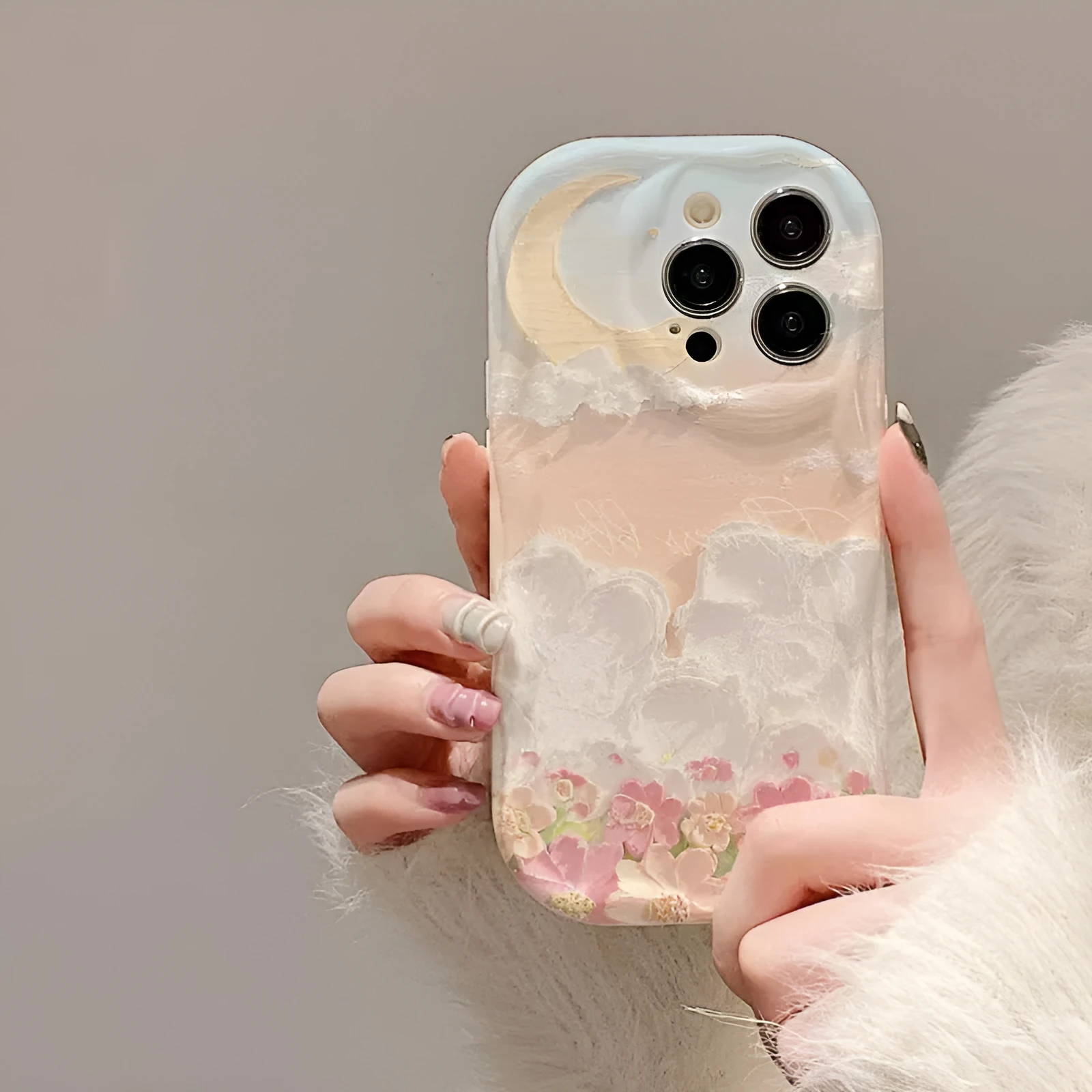 Cloud flower sea TPU phone case for iPhone, cream shell white, floral spray-printed, all-inclusive design