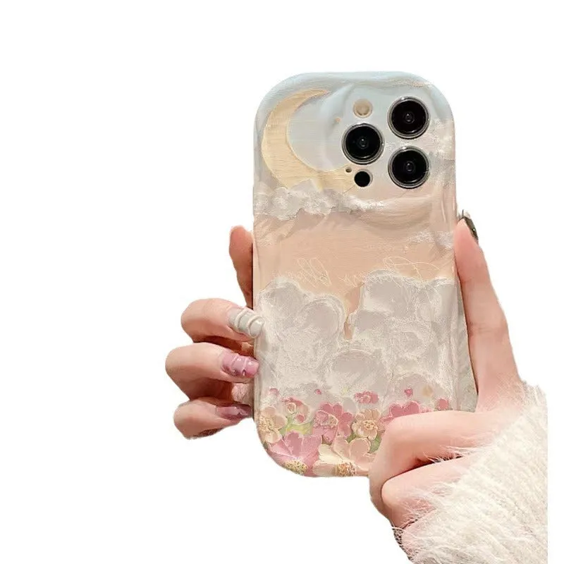 Cloud flower sea TPU phone case for iPhone, cream shell white, floral spray-printed, all-inclusive design