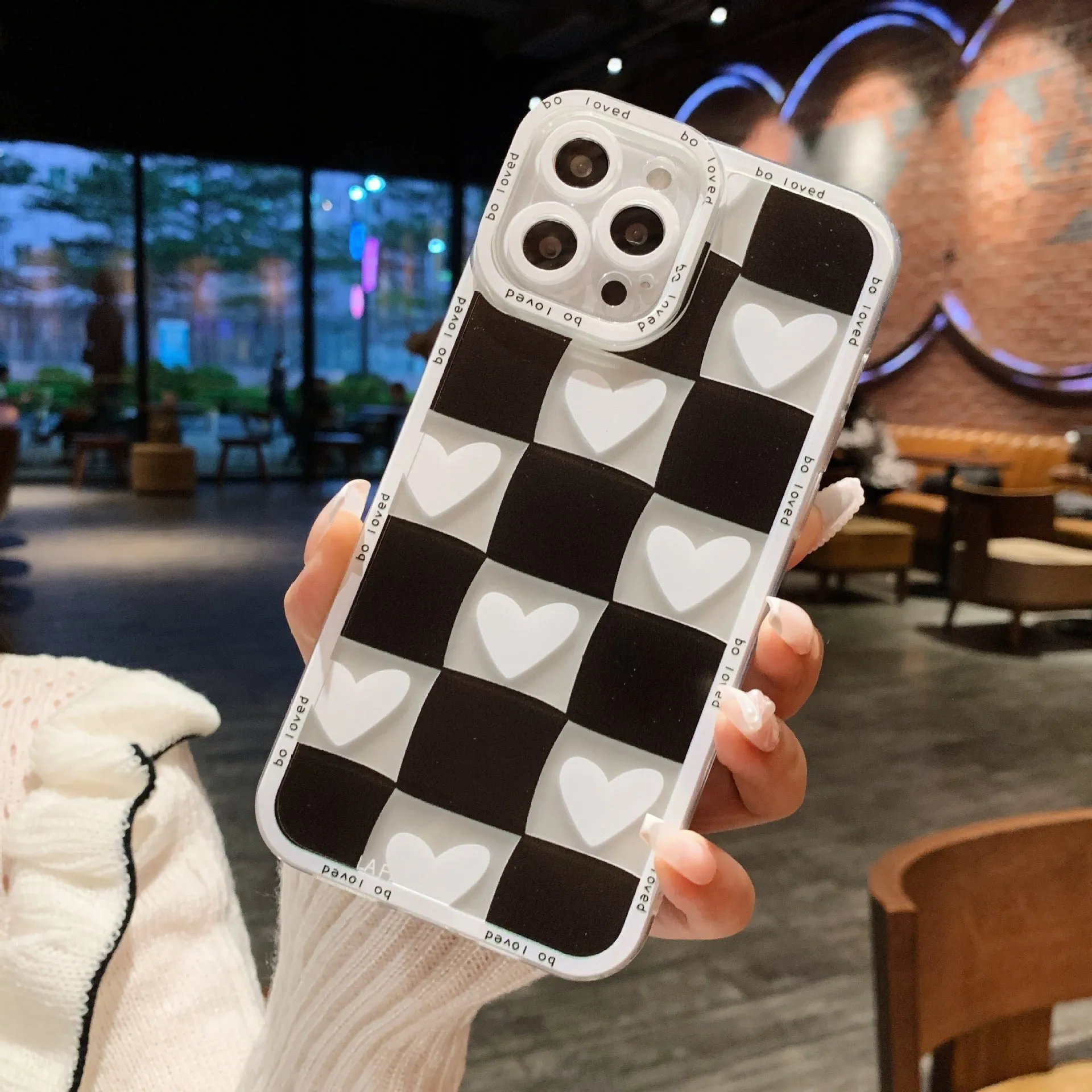 Ins Chessboard Love TPU phone case for iPhone, showing chessboard black love pattern on back cover