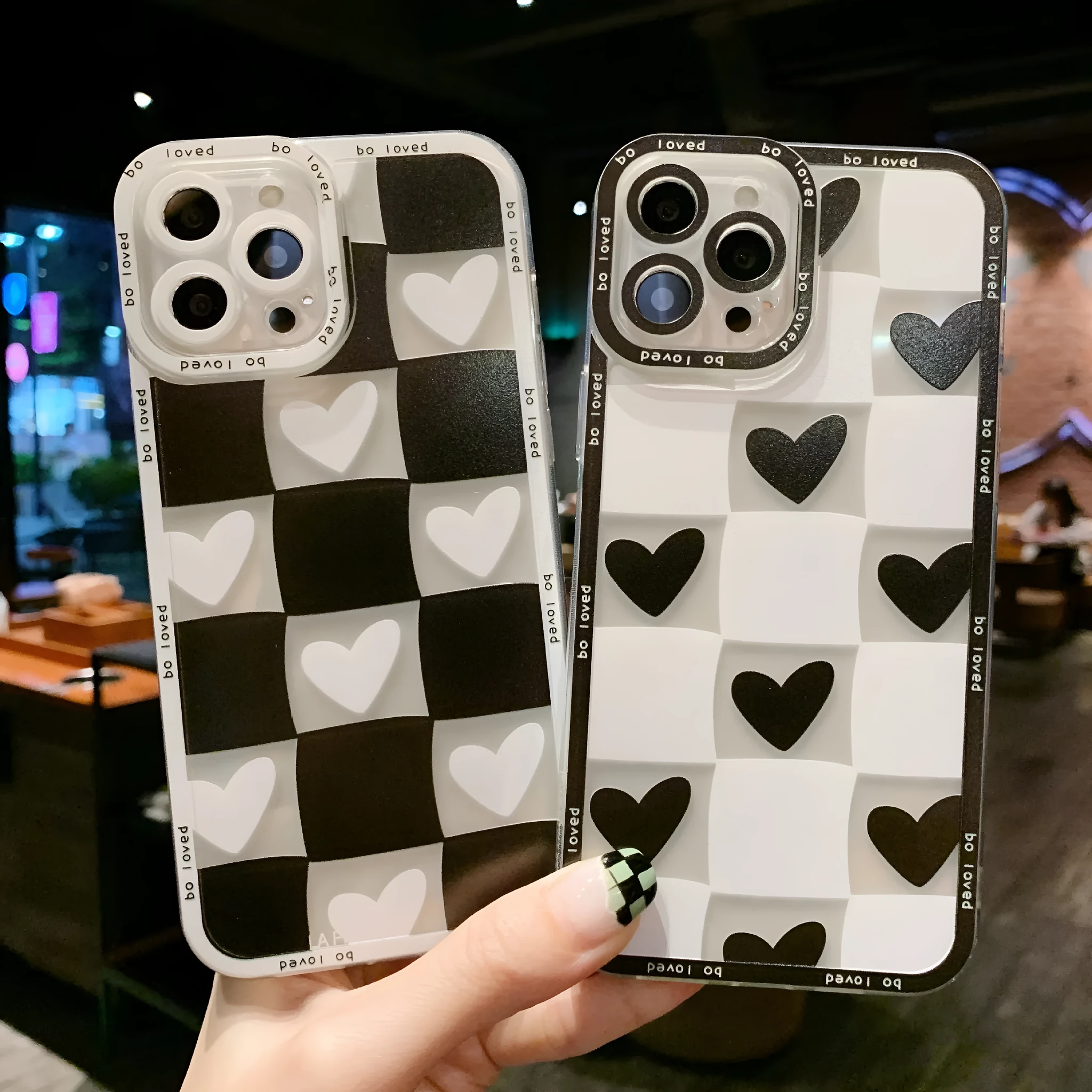 Ins Chessboard Love TPU phone case for iPhone, showing chessboard black love pattern on back cover