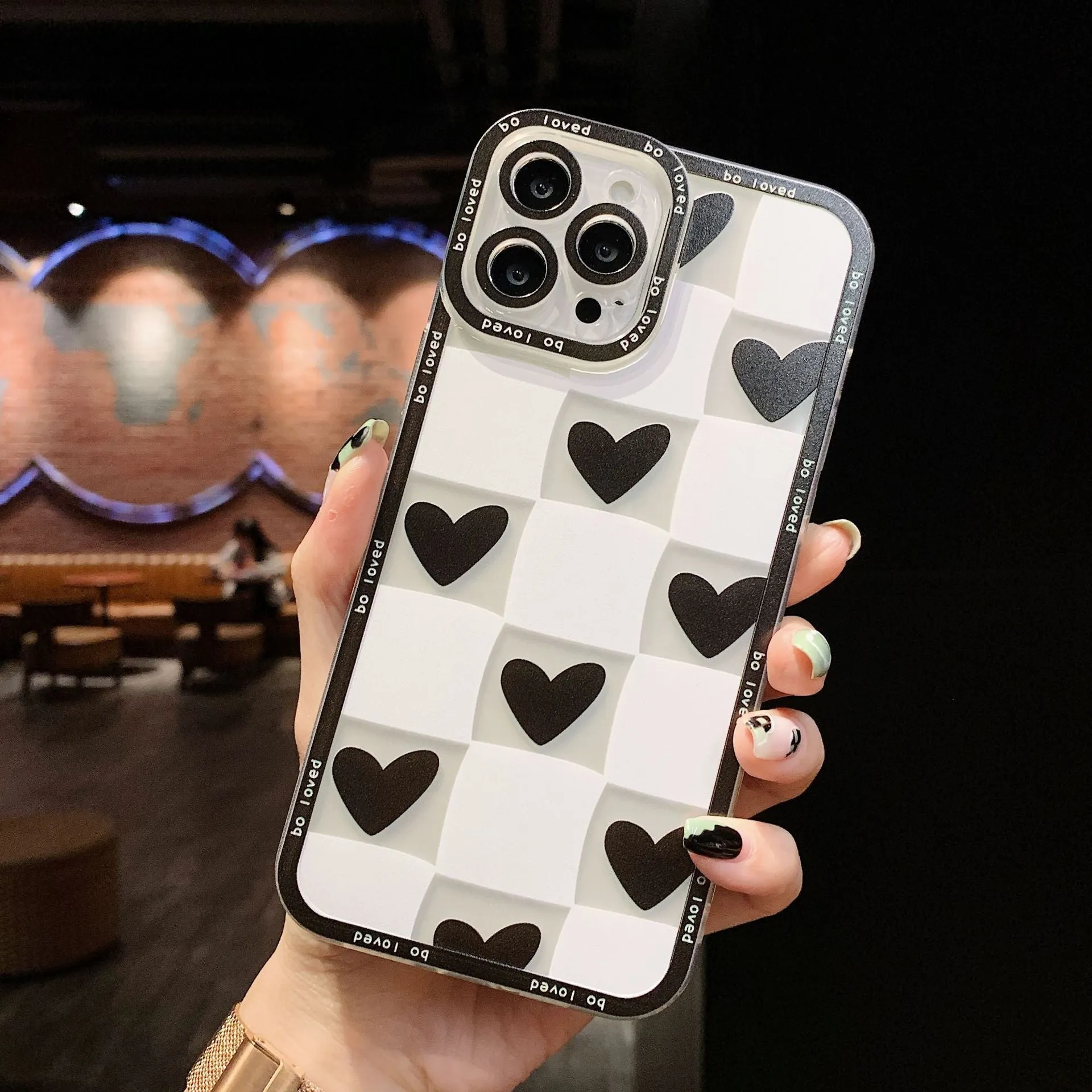 Ins Chessboard Love TPU phone case for iPhone, showing chessboard black love pattern on back cover