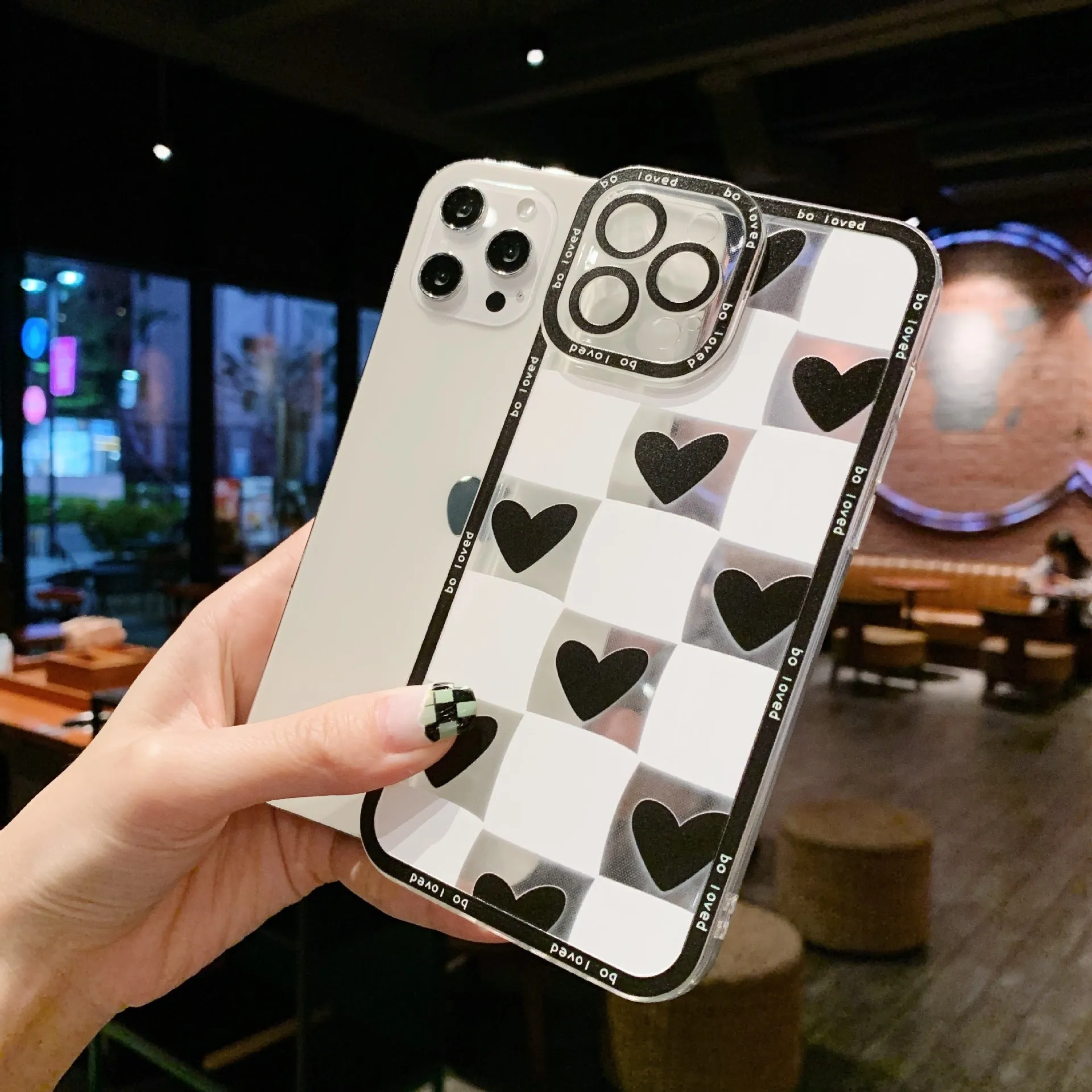 Ins Chessboard Love TPU phone case for iPhone, showing chessboard black love pattern on back cover
