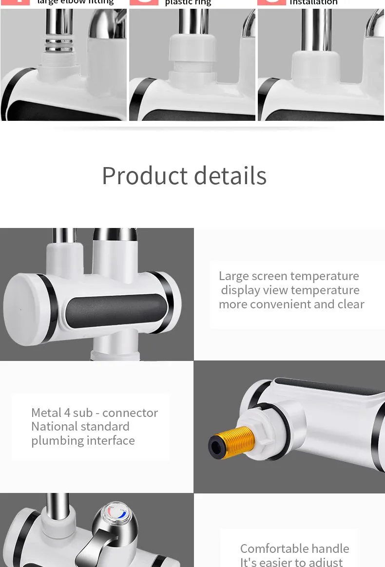 White electric instant water heater with digital display for kitchen sink installation.