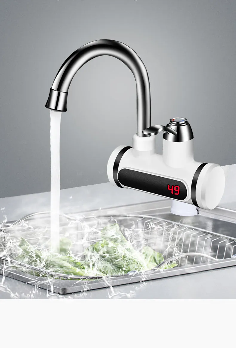 White electric instant water heater with digital display for kitchen sink installation.