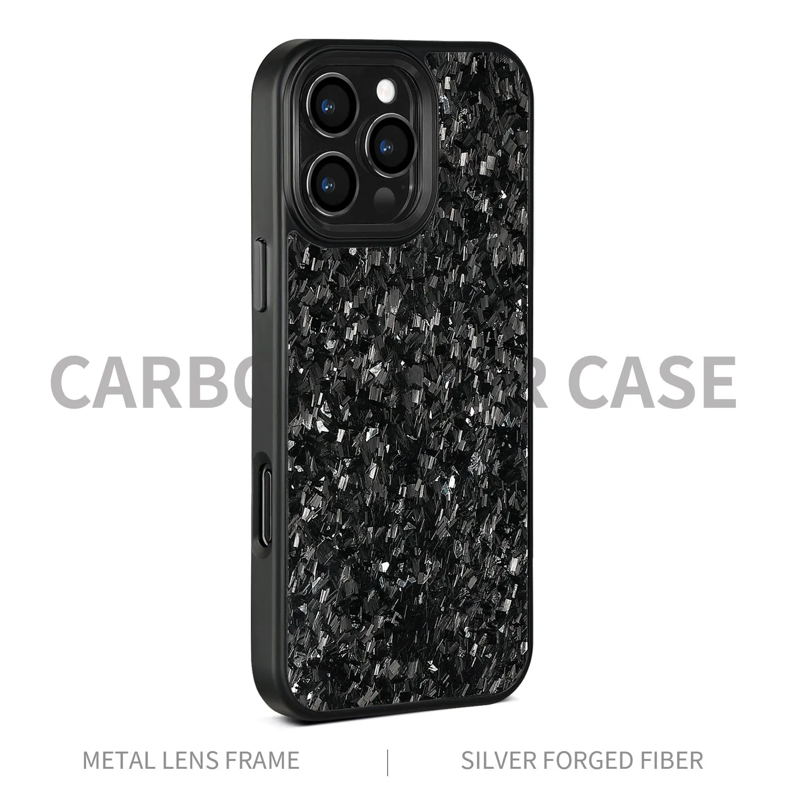 Carbon fibre phone case with black metal frame and magnetic backing for iPhone