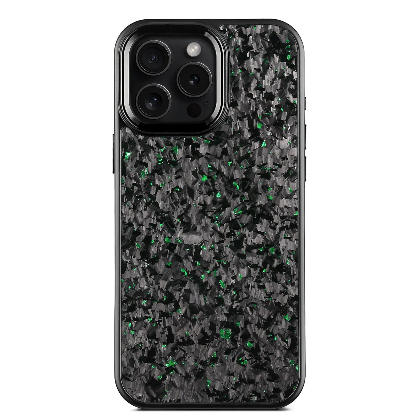 Carbon fibre phone case with black metal frame and magnetic backing for iPhone