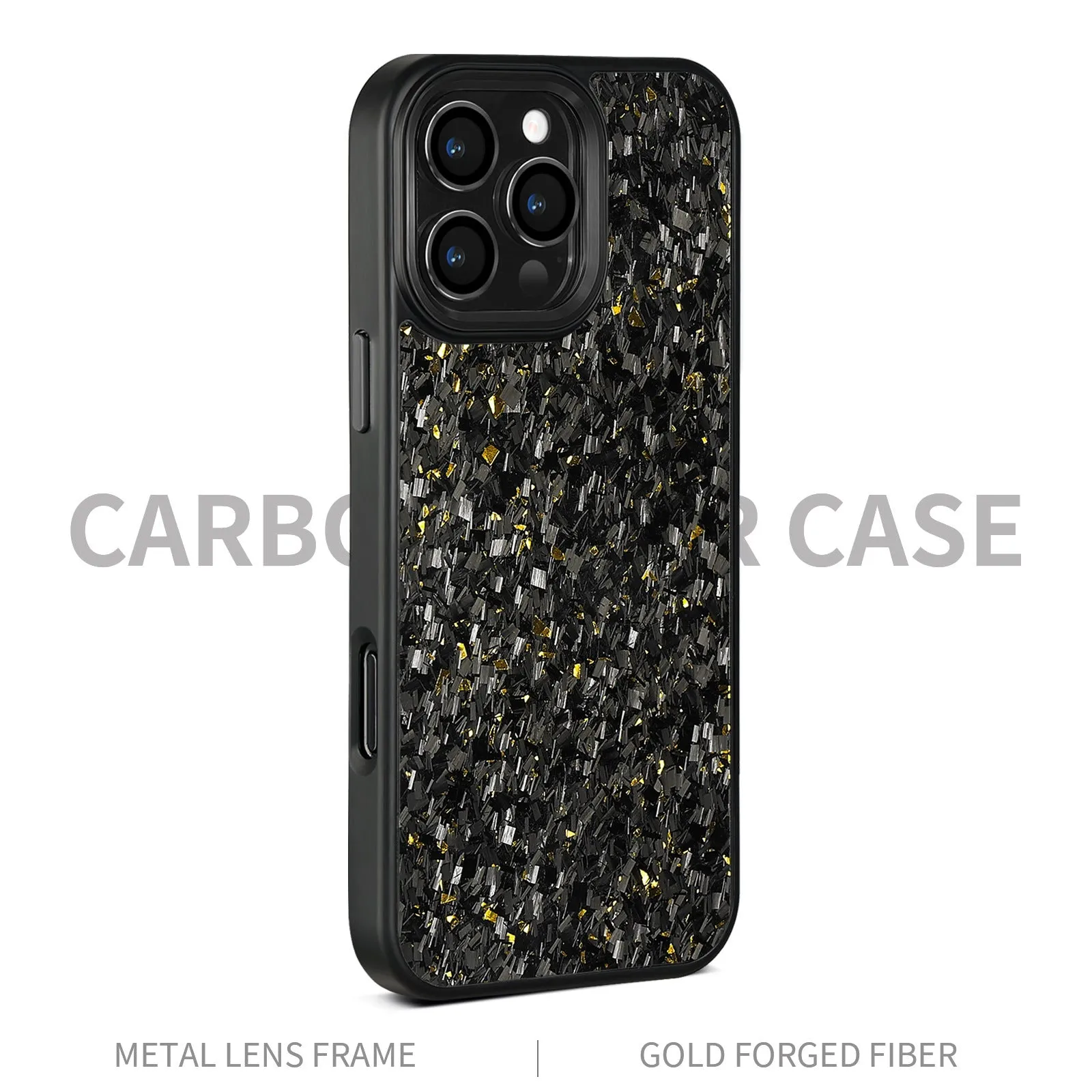 Carbon fibre phone case with black metal frame and magnetic backing for iPhone