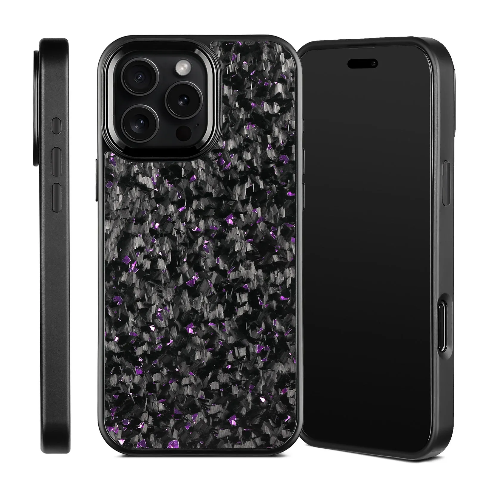 Carbon fibre phone case with black metal frame and magnetic backing for iPhone