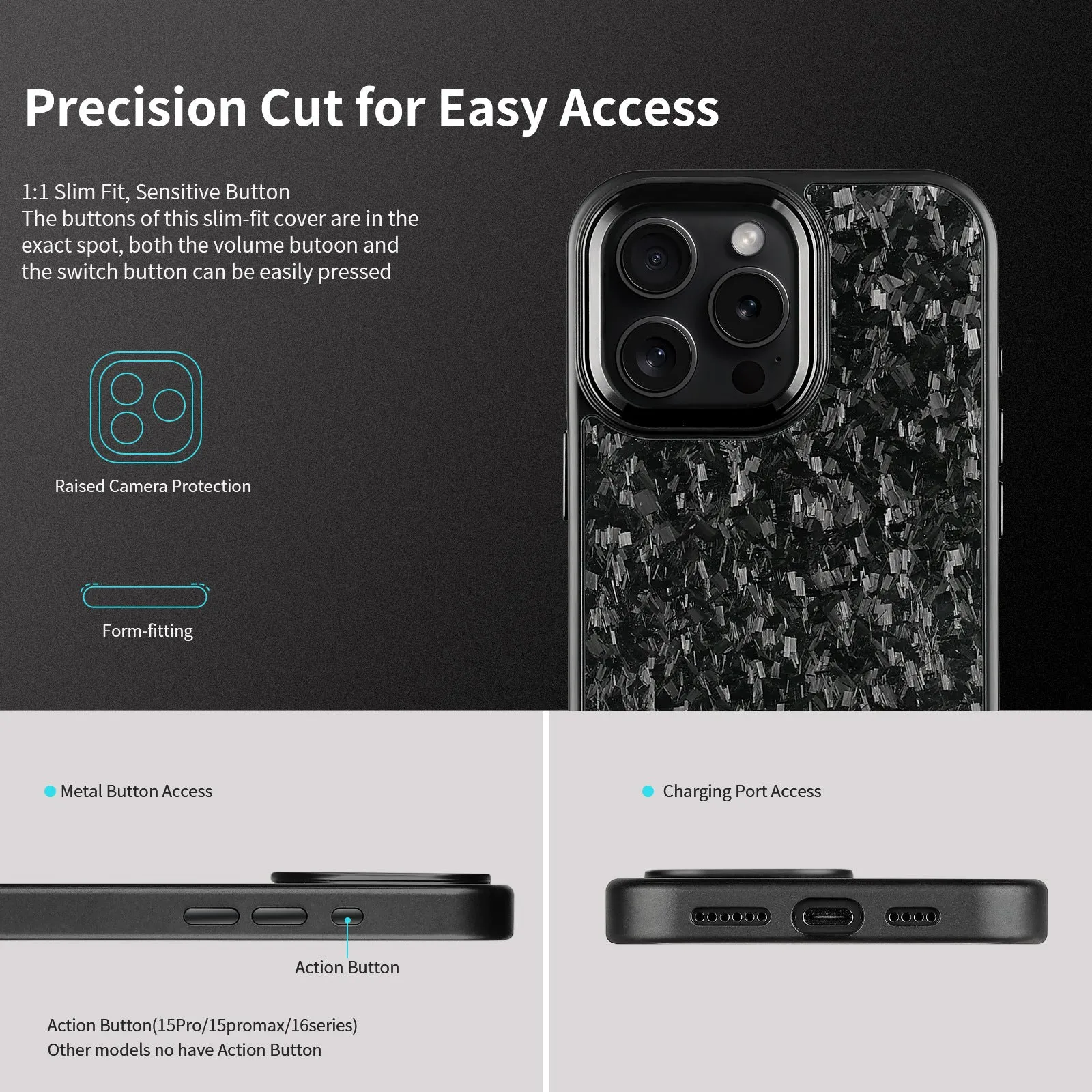 Carbon fibre phone case with black metal frame and magnetic backing for iPhone
