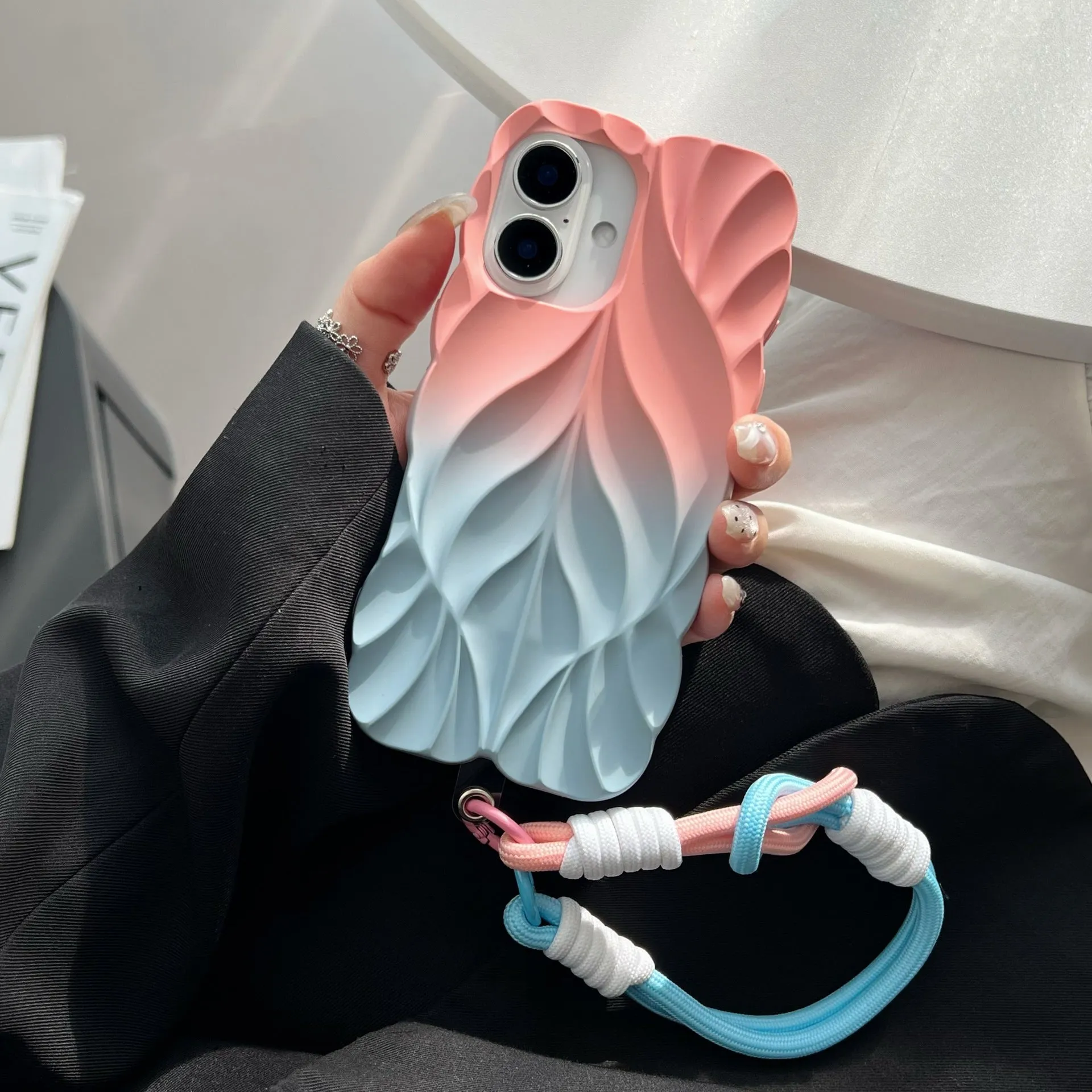 Ins style leaf pattern gradient TPU phone case with wristband in purple gray colour for iPhone 14 Pro Max