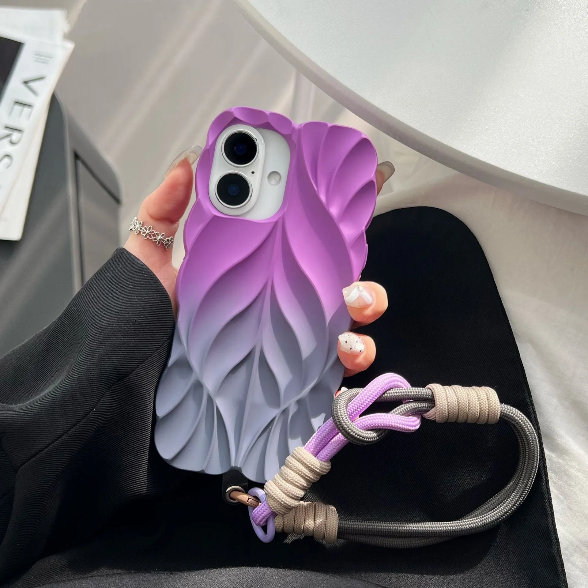 Ins style leaf pattern gradient TPU phone case with wristband in purple gray colour for iPhone 14 Pro Max