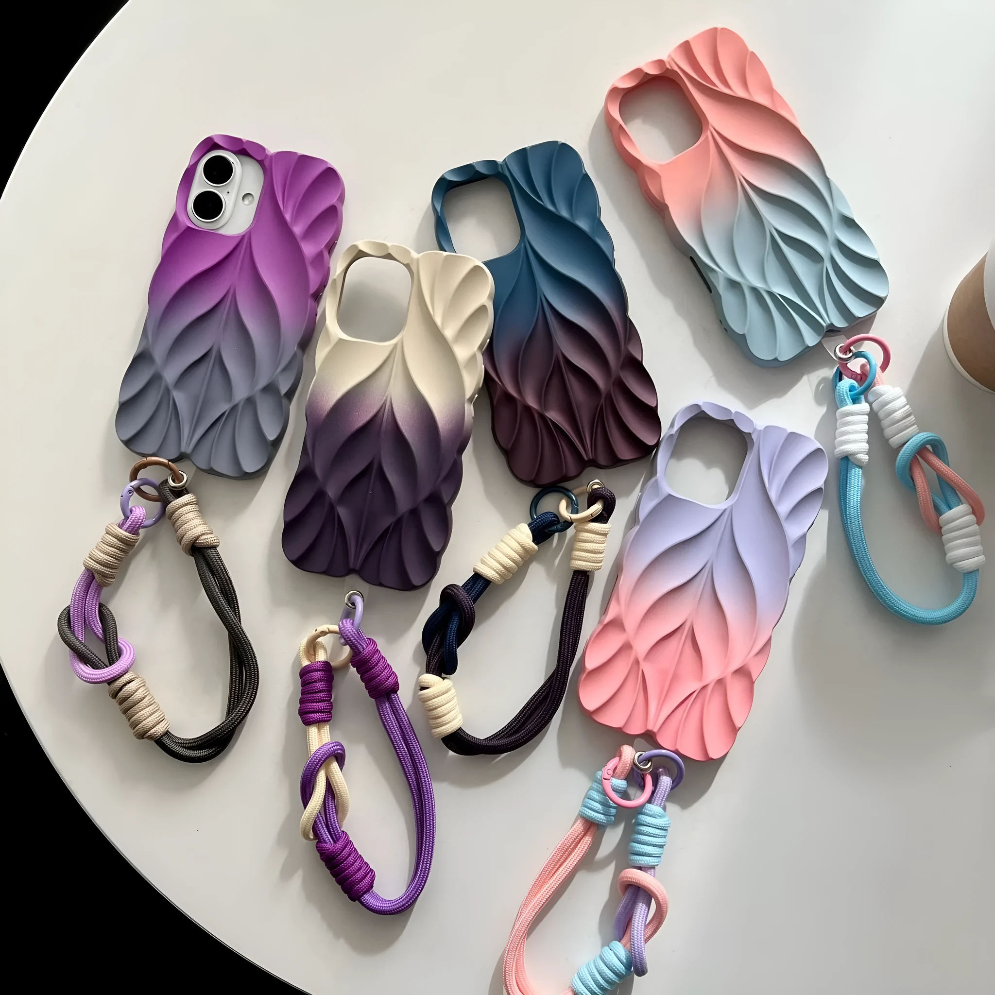 Ins style leaf pattern gradient TPU phone case with wristband in purple gray colour for iPhone 14 Pro Max
