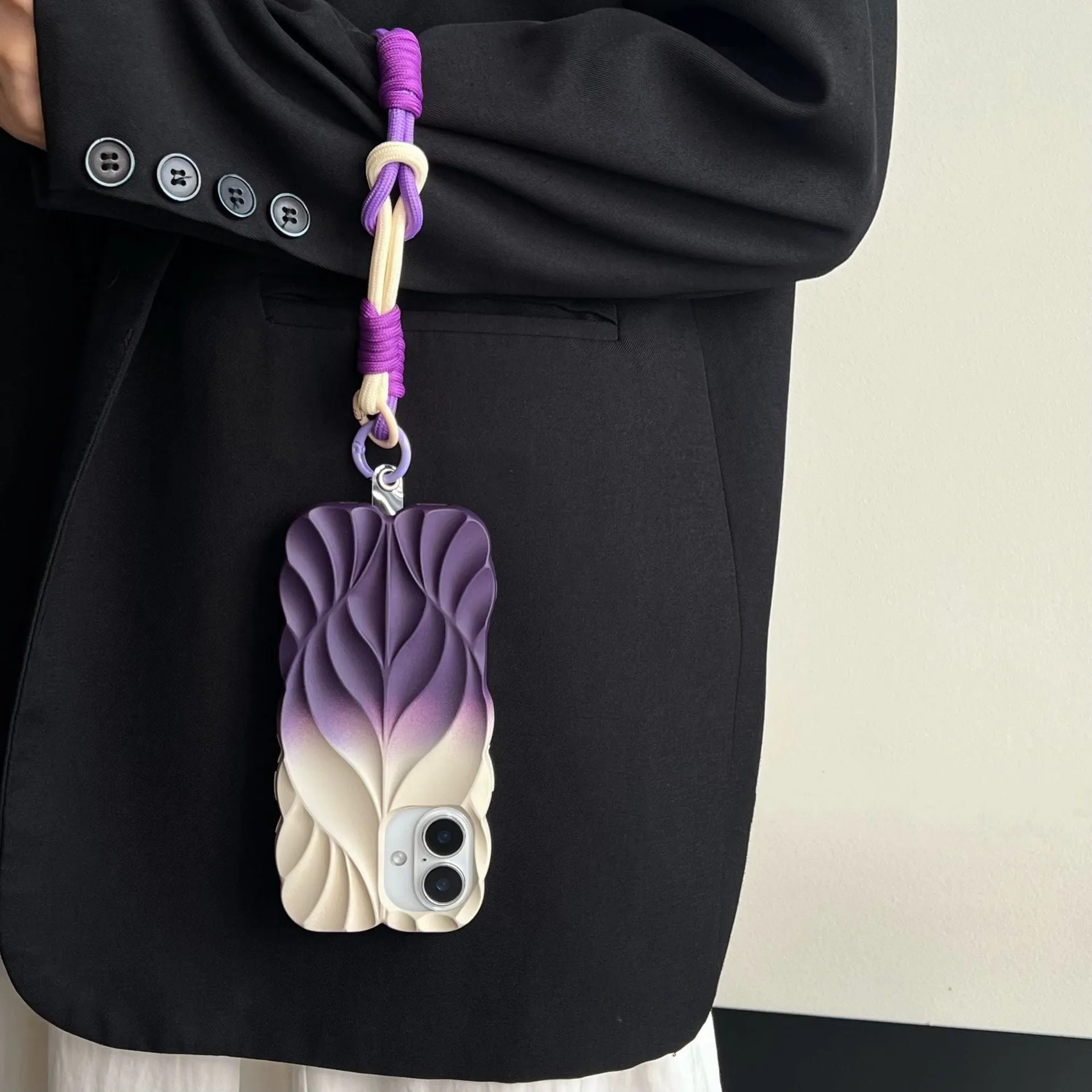 Ins style leaf pattern gradient TPU phone case with wristband in purple gray colour for iPhone 14 Pro Max