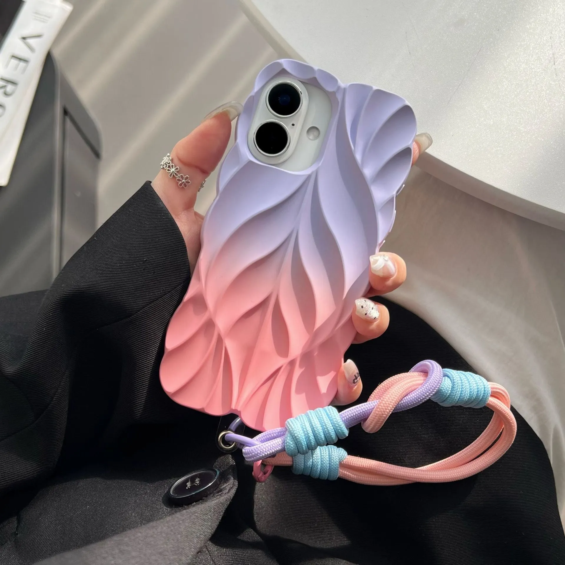 Ins style leaf pattern gradient TPU phone case with wristband in purple gray colour for iPhone 14 Pro Max