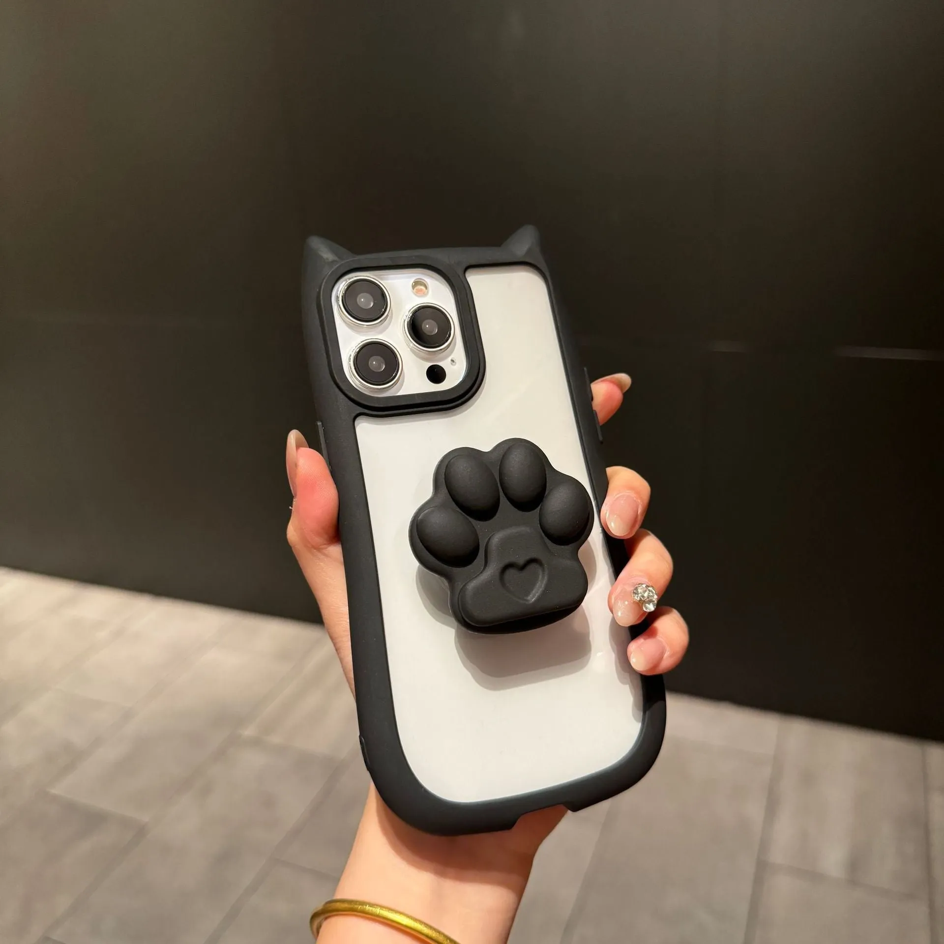 Cute three-dimensional cat ears transparent PC phone case for iPhone 11 12 13 14 15 16 Pro Max Plus; blue colour variant on display