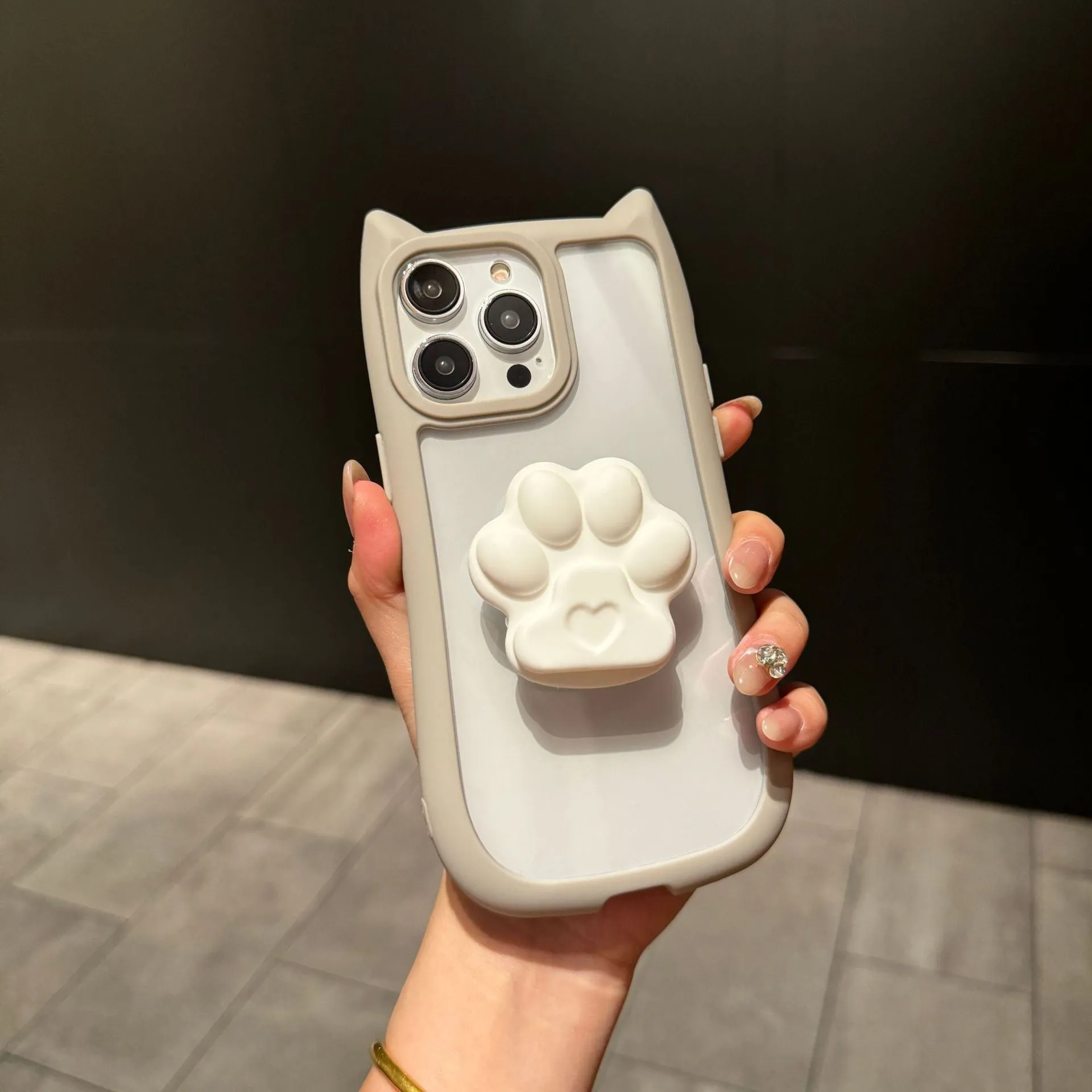 Cute three-dimensional cat ears transparent PC phone case for iPhone 11 12 13 14 15 16 Pro Max Plus; blue colour variant on display