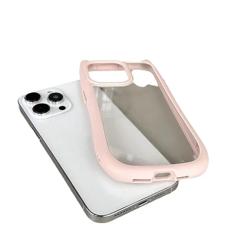 Cute three-dimensional cat ears transparent PC phone case for iPhone 11 12 13 14 15 16 Pro Max Plus; blue colour variant on display