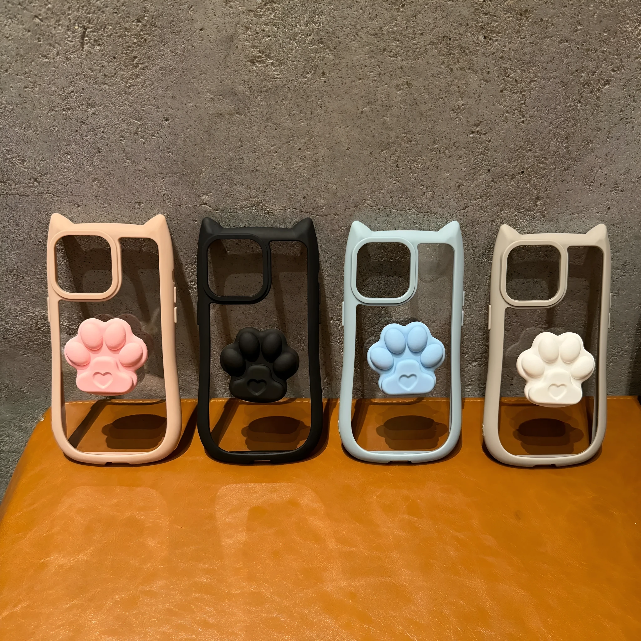 Cute three-dimensional cat ears transparent PC phone case for iPhone 11 12 13 14 15 16 Pro Max Plus; blue colour variant on display