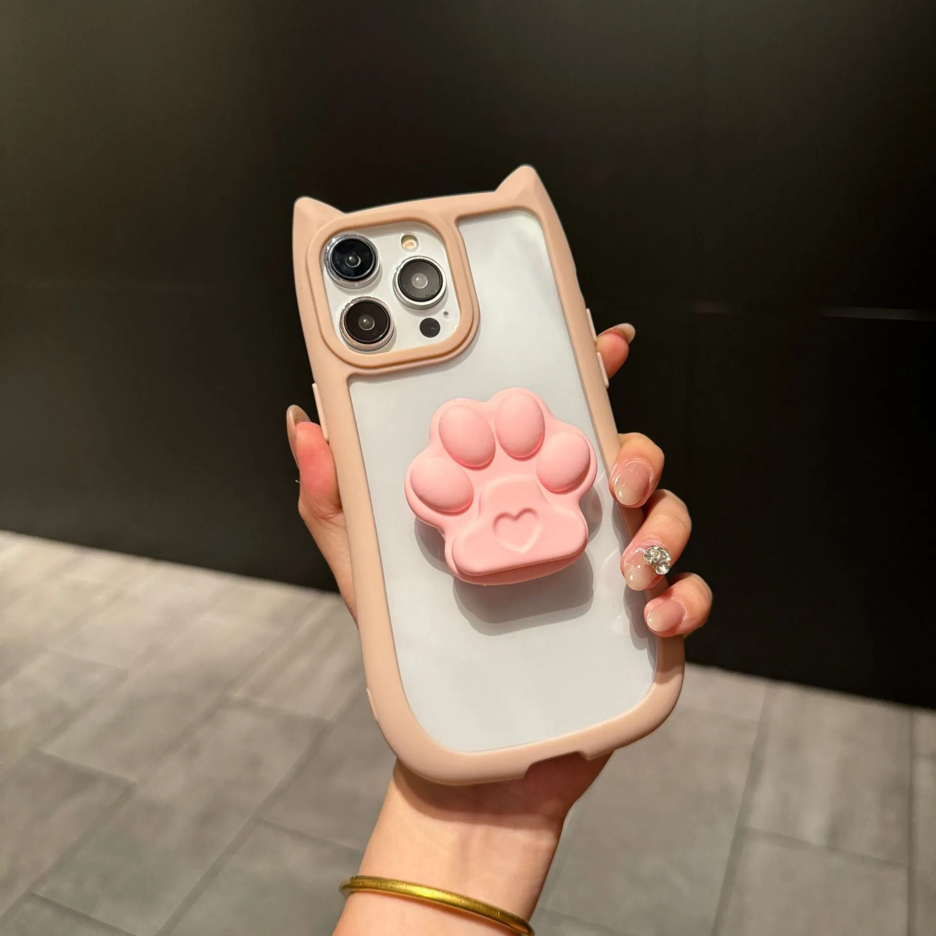 Cute three-dimensional cat ears transparent PC phone case for iPhone 11 12 13 14 15 16 Pro Max Plus; blue colour variant on display