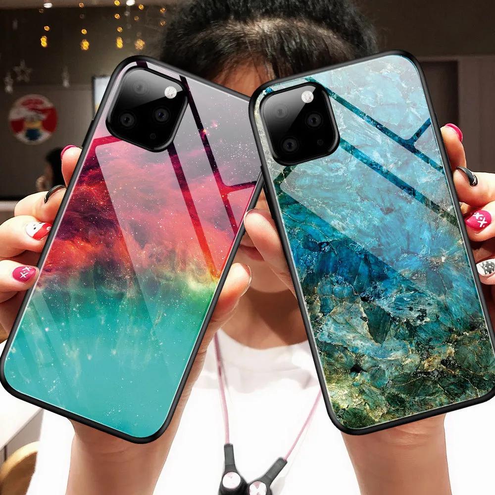 Customised gradient glass phone case for iPhone in BlackBlue, showing TPU frame and glass back