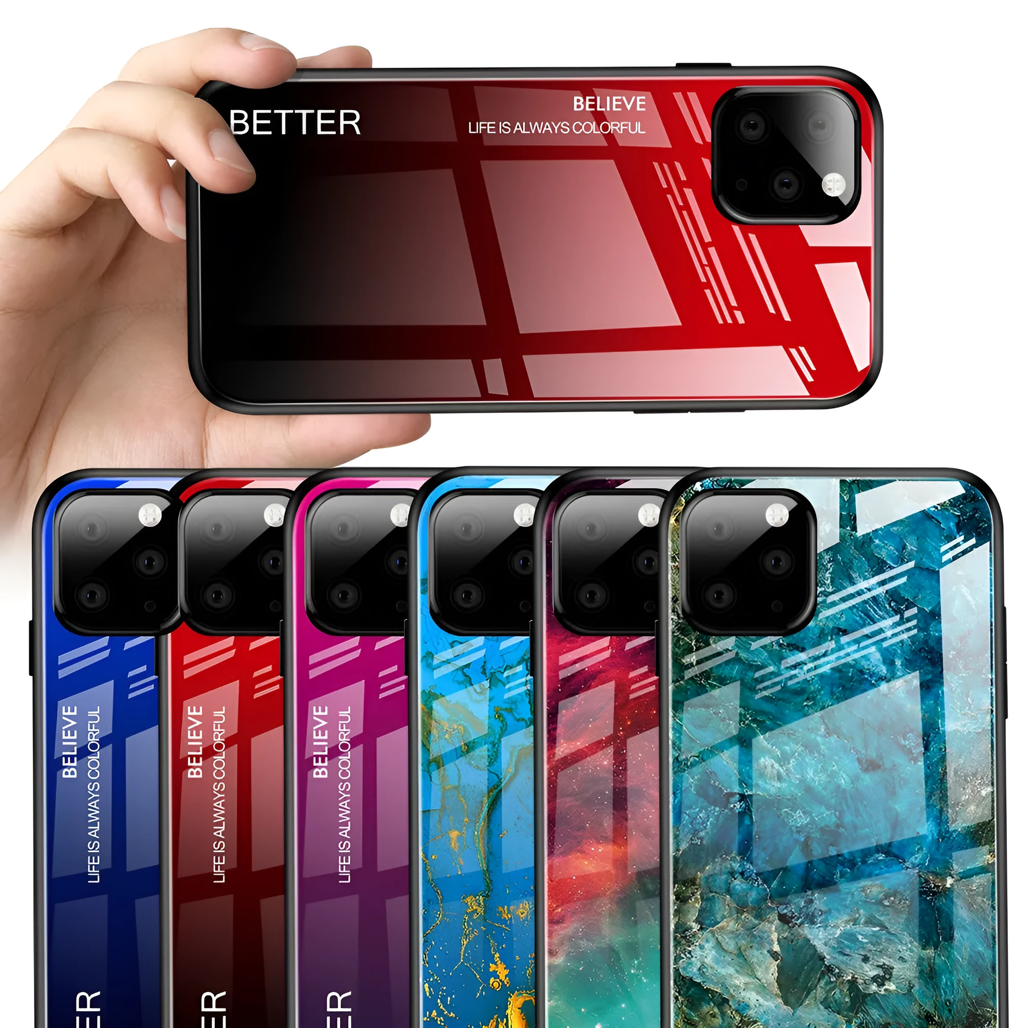 Customised gradient glass phone case for iPhone in BlackBlue, showing TPU frame and glass back