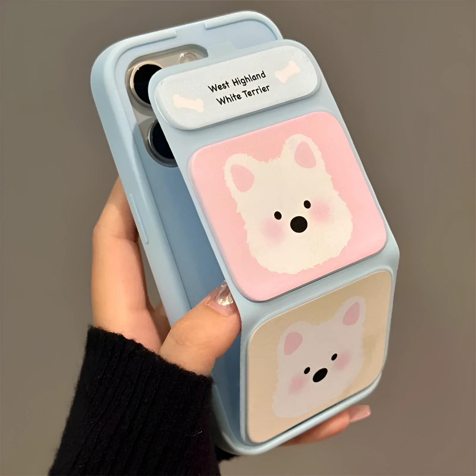 White TPU phone case with cartoon blush West Highland print and foldable bracket for iPhone