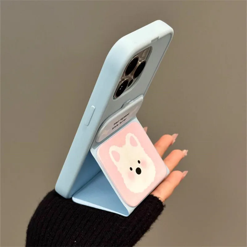 White TPU phone case with cartoon blush West Highland print and foldable bracket for iPhone