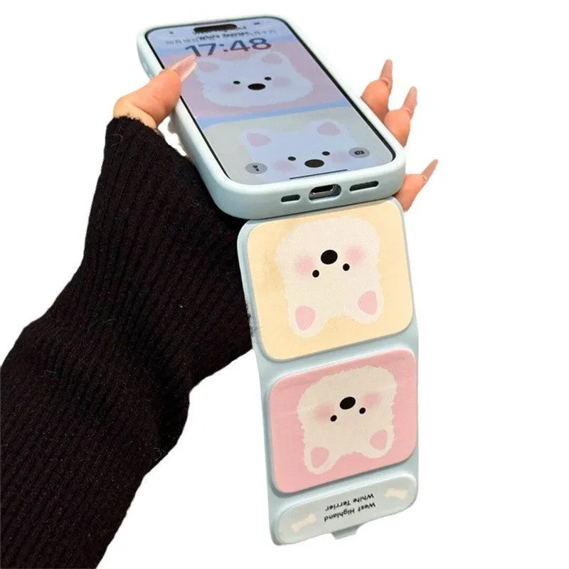 White TPU phone case with cartoon blush West Highland print and foldable bracket for iPhone