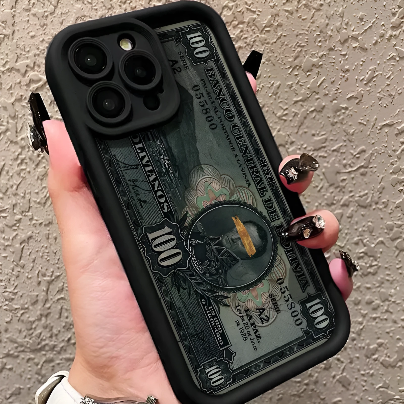 Black silicone phone case with dollar bill illustration for Apple iPhone, airbag anti-fall protection