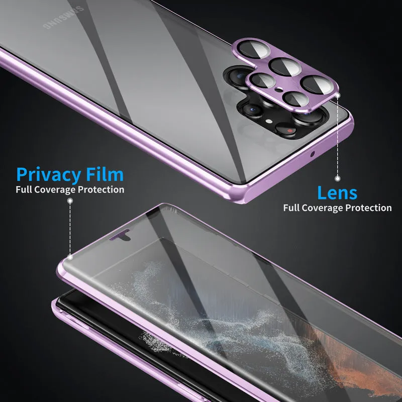 Black metal magnetic phone case with a built-in peep-proof mirror for Samsung S24 Ultra.