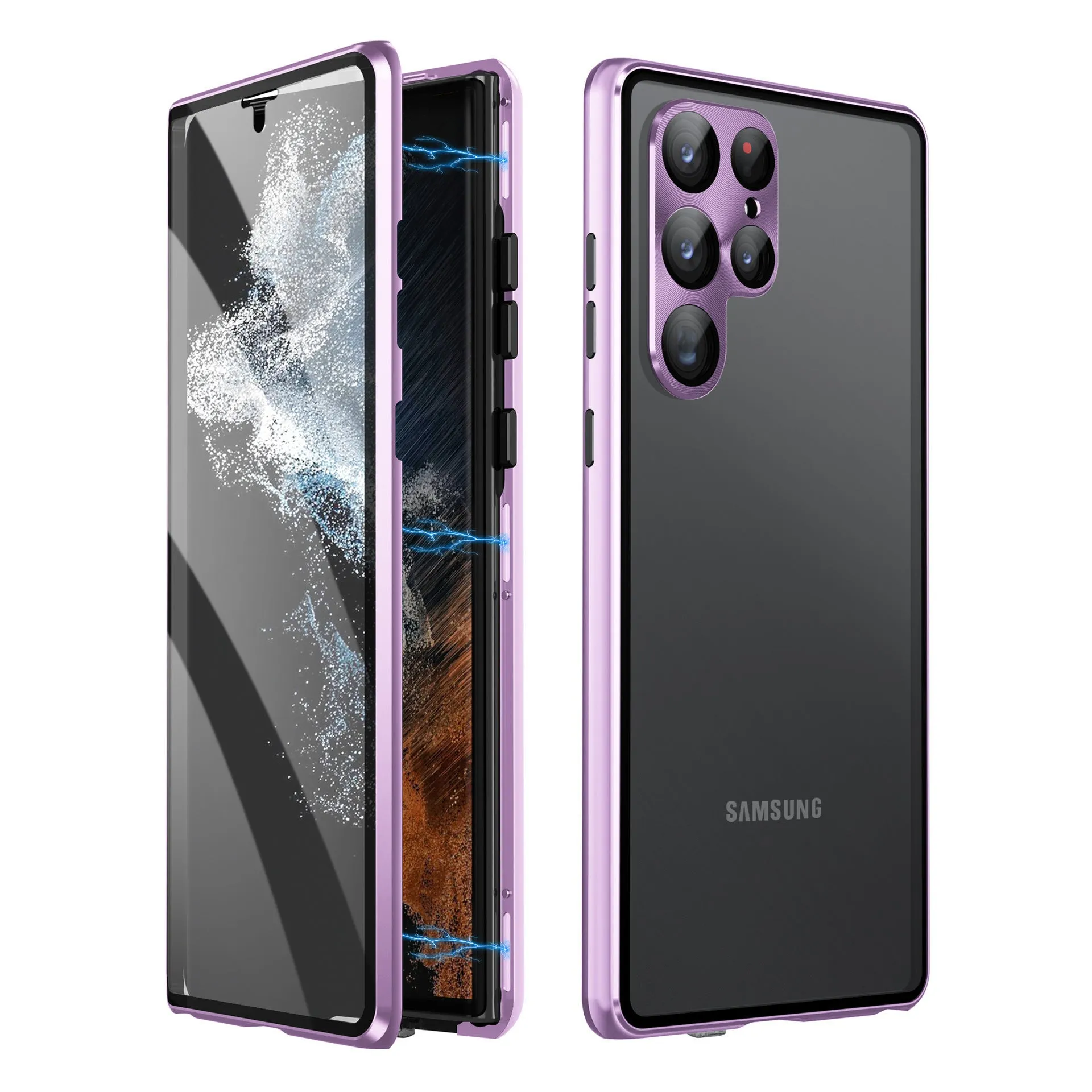 Black metal magnetic phone case with a built-in peep-proof mirror for Samsung S24 Ultra.