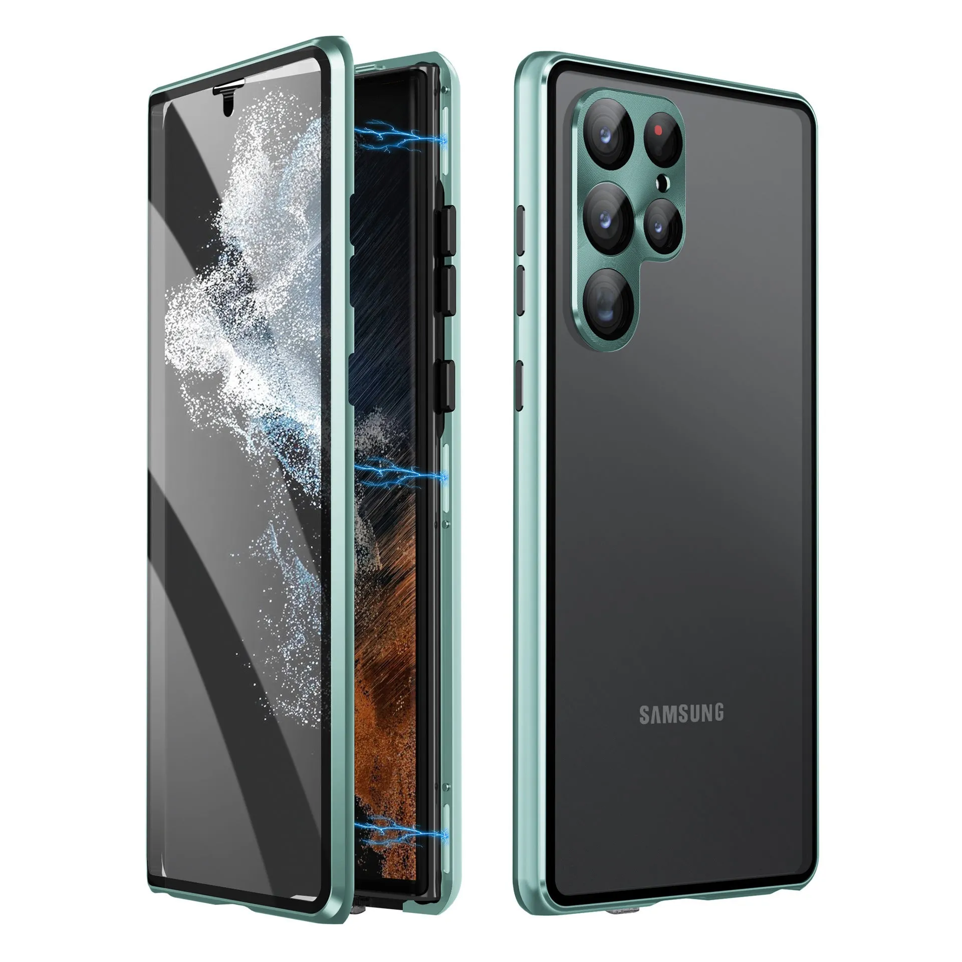 Black metal magnetic phone case with a built-in peep-proof mirror for Samsung S24 Ultra.