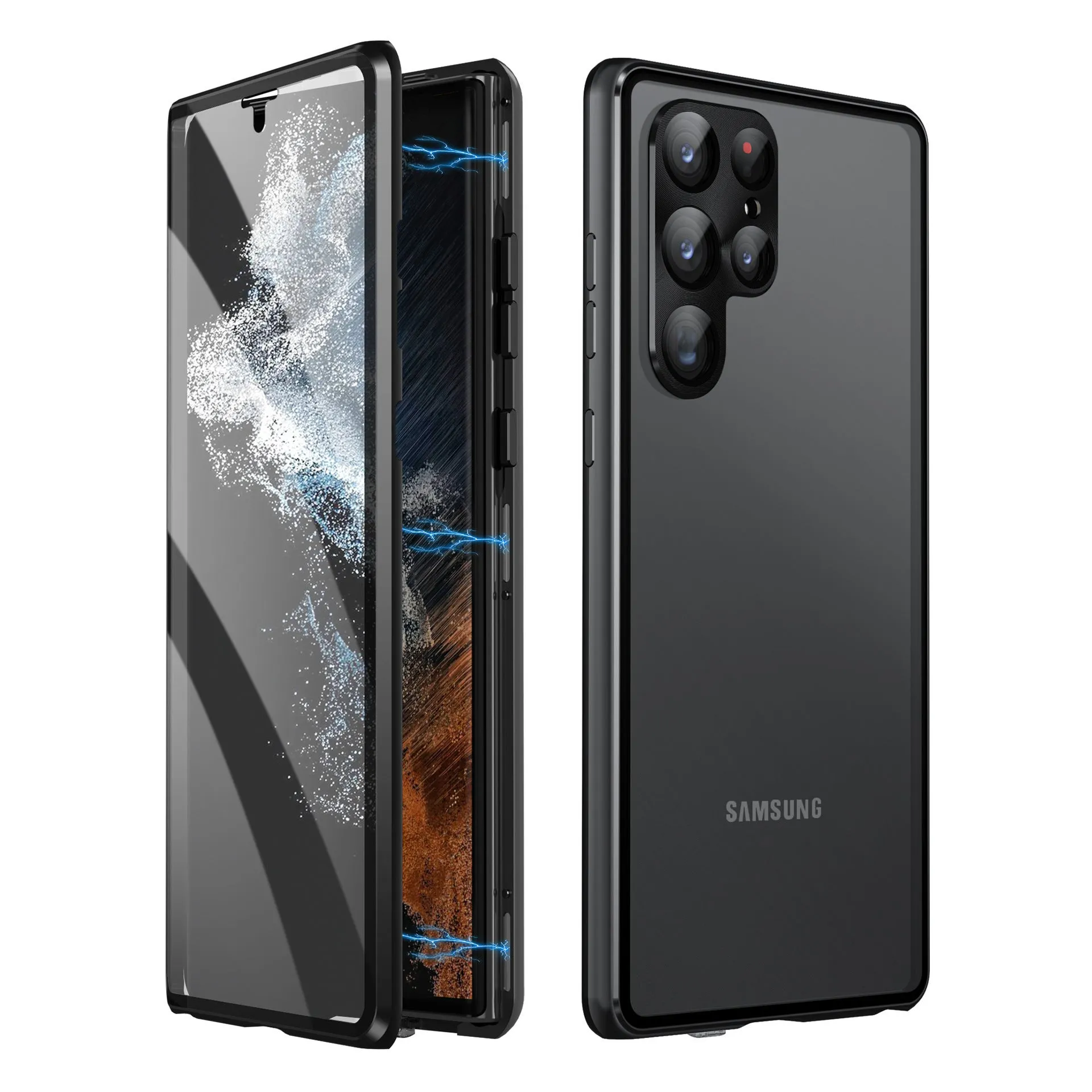 Black metal magnetic phone case with a built-in peep-proof mirror for Samsung S24 Ultra.