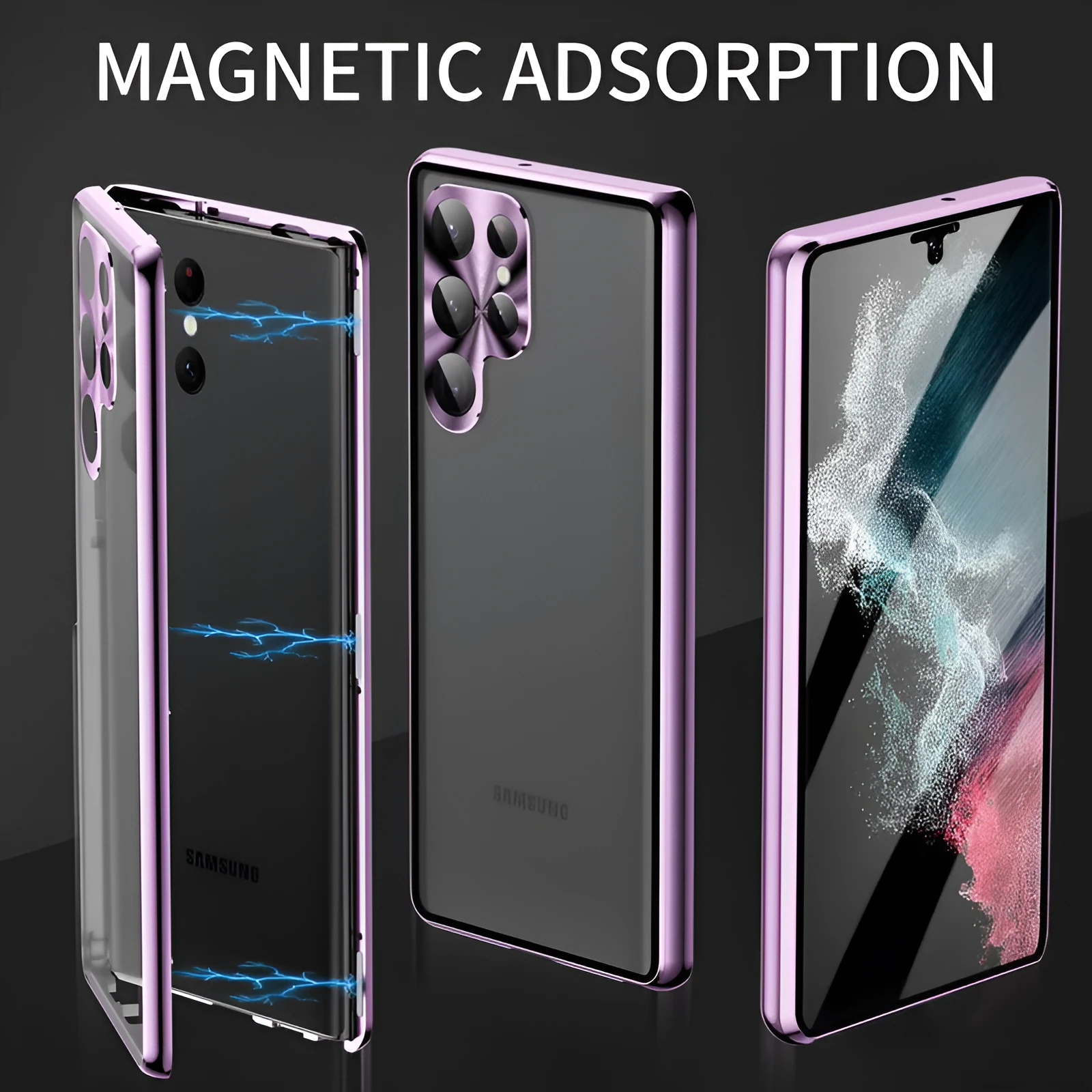 Black metal magnetic phone case with a built-in peep-proof mirror for Samsung S24 Ultra.