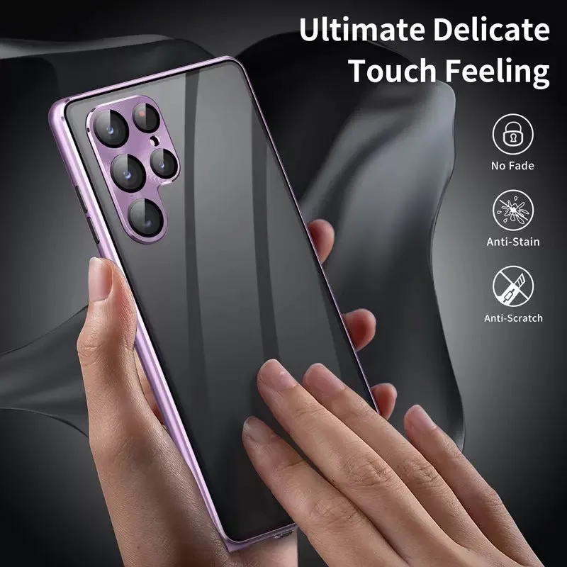 Black metal magnetic phone case with a built-in peep-proof mirror for Samsung S24 Ultra.
