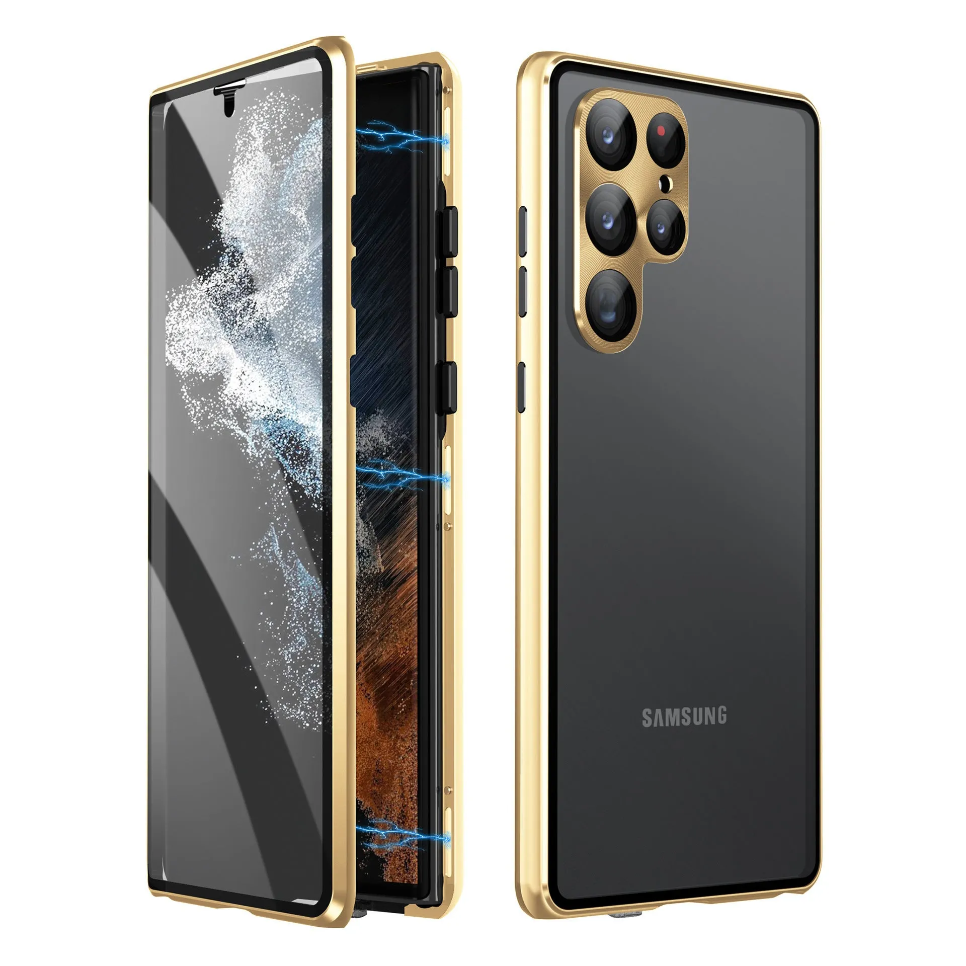 Black metal magnetic phone case with a built-in peep-proof mirror for Samsung S24 Ultra.