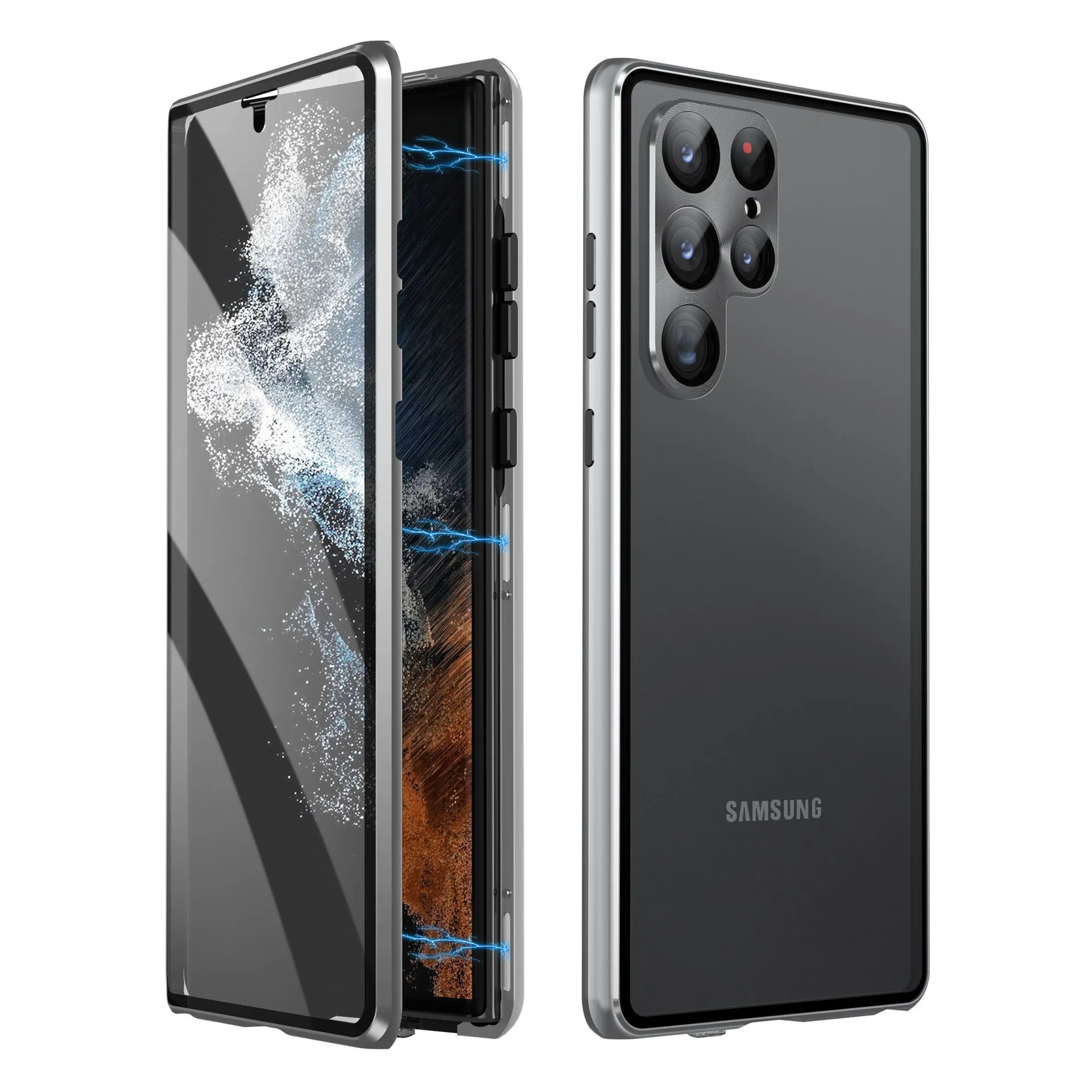 Black metal magnetic phone case with a built-in peep-proof mirror for Samsung S24 Ultra.