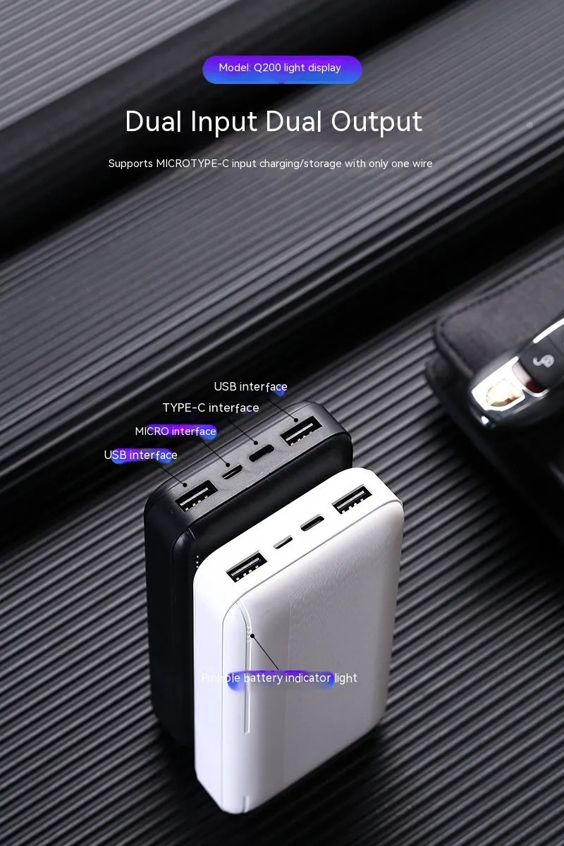 Ultra-thin plastic power bank with light display screen and two U output ports, black colour