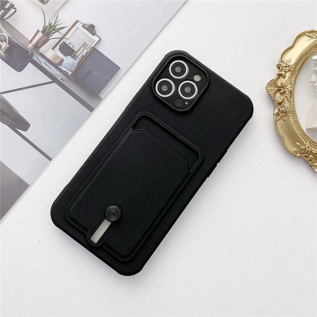 Card holder silicone mobile phone case with lanyard for Apple iPhone, fine hole design, black colour