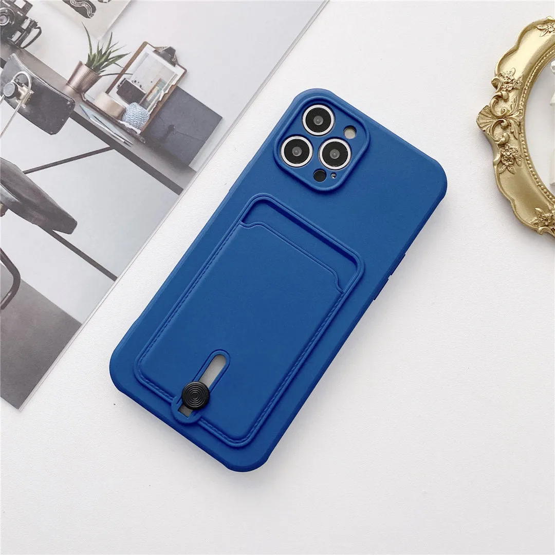 Card holder silicone mobile phone case with lanyard for Apple iPhone, fine hole design, black colour